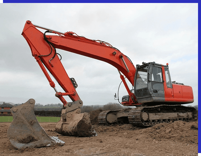 A red and black excavator is on the dirt