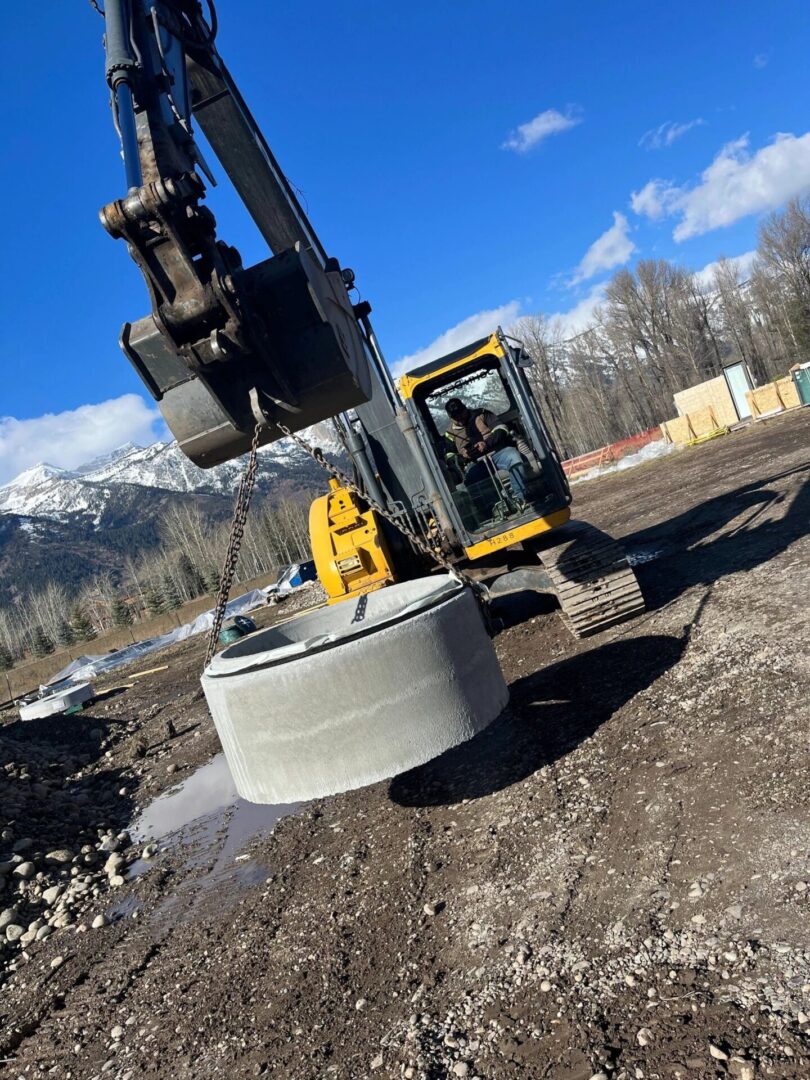 A yellow and black excavator on top of dirt.